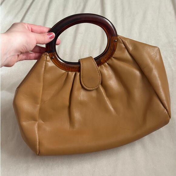 Vintage Tan Smooth Leather Stocko Clutch Purse Handbag Bakelite Lucite Handles - Picture 1 of 13